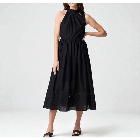 J. Crew Factory Tie Neck Halter Black Midi Lined Dress Eyelet Trim 12 New